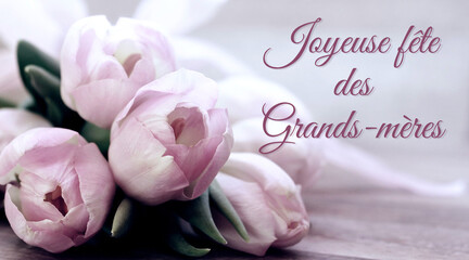 carte ou bandeau pour souhaiter une joyeuse fête des grands-mères en mauve sur un fond gris et blanc en effet bokeh et à côté un bouquet de fleurs mauve des tulipes - obrazy, fototapety, plakaty
