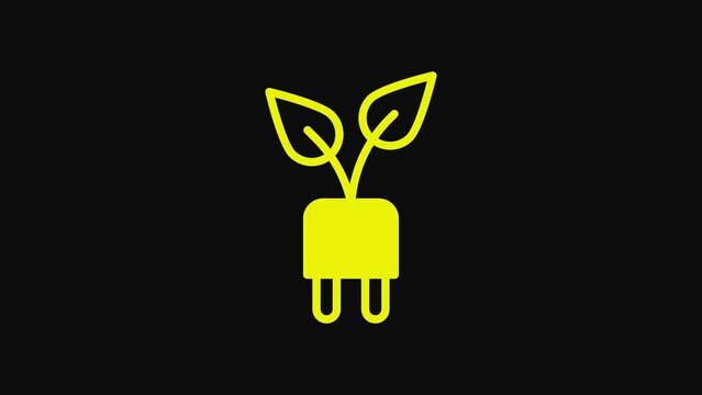 Yellow Electric saving plug in leaf icon isolated on black background. Save energy electricity. Environmental protection. Bio energy. 4K Video motion graphic animation