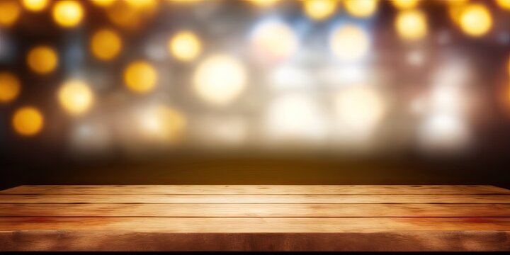 For a product montage display, an empty wooden table is positioned in front of an abstract, blurred holiday background with light spots and bokeh. Generative AI