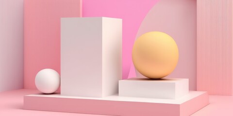 geometric form against an abstract pink background. For displaying a product, banner, or clothing, a white stage podium pedestal with a colorful fur ball is used. a minimalist interior. Generative AI