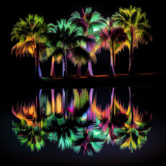 Creative tropical, exotic Summer landscape, night on the beach, neon lights, palm trees in the reflection of the water. Illustration, Generative AI.