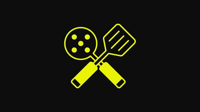 Yellow Spatula icon isolated on black background. Kitchen spatula icon. BBQ spatula sign. Barbecue and grill tool. 4K Video motion graphic animation