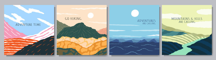 Vector illustration. Hand drawn contemporary landscape collection. Hills, forest and mountains, seascape, fields and river. Design elements for web banner, blog post, web template. Sunny weather