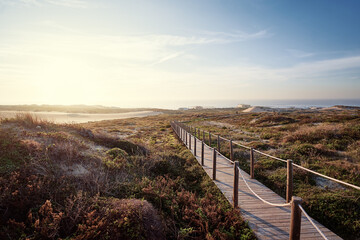 Fototapeta premium Wooden pedestrian walkway through Sintra-Cascais natural park. Wild sandy landscape, with part of Cresmina Dunes. Beautiful scenery in Portugal.