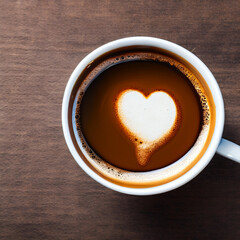 white coffee cup / mug with hot black coffee, cream isolated design element, top view / flat lay , Wood Background, Ai Generated