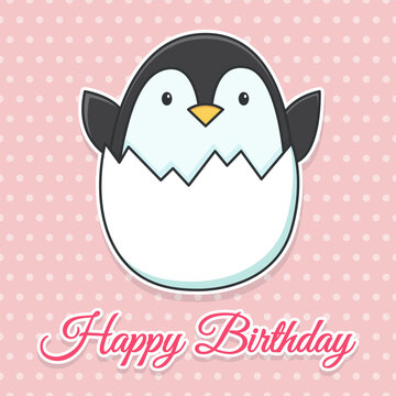 Happy birthday vector childrens card. Little cute penguin peeks out of the egg