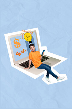 Vertical photo collage artwork picture illustration of happy man freelancer use modern technology make money isolated on painted background