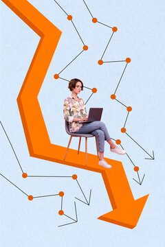 Creative collage photo picture image sketch artwork of beautiful girl manager browsing dollar btc rate isolated on painted blue background