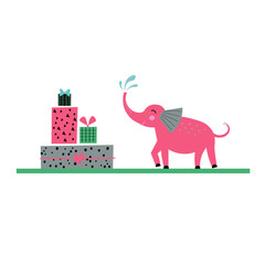 Discounts, Black Friday. Pink elephant with gift boxes on an isolated white background. Cute flat illustration with joyful animal