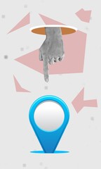 Creative collage of hand and location symbol