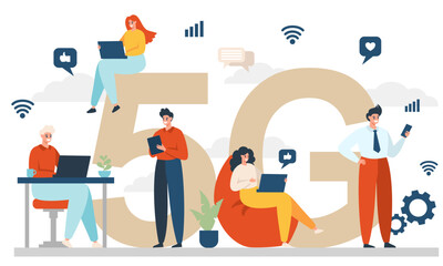 Flat vector illustration. The concept of 5G networks. People are sitting on the Internet, working on computers, tablets, phones 