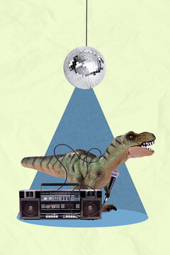 Vertical psychedelic collage photo picture poster of weird animal hold mic singing hit track cool weekend isolated on painting background