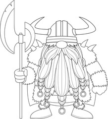 Outlined Gnome Viking Cartoon Character Holds A Big Axe. Vector Hand Drawn Illustration Isolated On Transparent Background