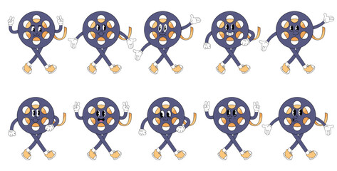 Cartoon cine film. film making accessorie character with cute cheerful emotions, hands and legs. Vector cinematography person set.