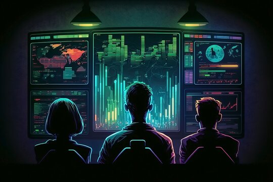 Crypto Stocks, dark room with a large, high-tech screen in the center, displaying a live feed of crypto tokens' stock chart