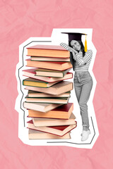 Drawing collage photo picture artwork illustration of beautiful girl like reading passed literature exam isolated on painted background