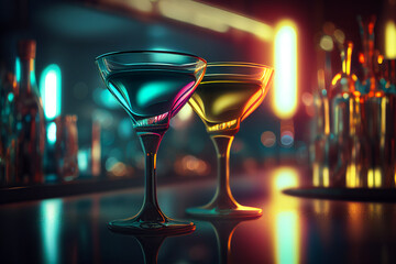 martini glasses in background of night disco. Nightlife in city..