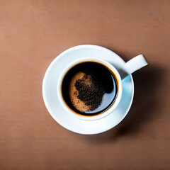 Fototapeta premium Delicious white coffee cup / mug and plate with hot black coffee, isolated design element, top view / flat lay , brown Background, Ai Generated