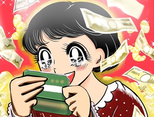 副業バイトの高額臨時収入に大喜びする昭和レトロ風少女漫画の女の子ワイドサイズイラスト