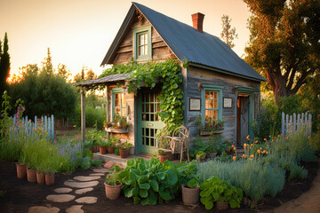 A cozy cottage made entirely from reclaimed materials, surrounded by a thriving vegetable garden - Generative AI - obrazy, fototapety, plakaty