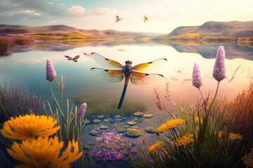 A dragonfly flying over a lake in a field of flowers - Generative AI