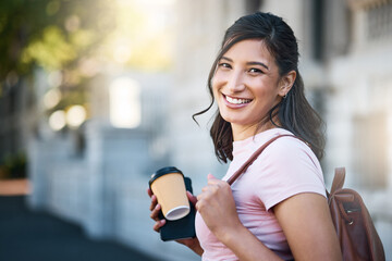 Travel, portrait and happy woman by a city building with freedom on a urban adventure in Italy. Relax, smile and morning coffee of a young person on vacation with happiness and blurred background