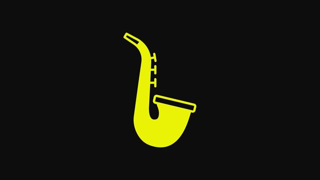 Yellow Musical instrument saxophone icon isolated on black background. 4K Video motion graphic animation