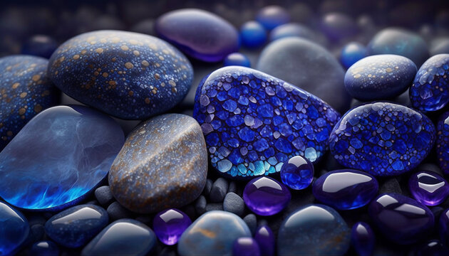 Elegant background design with beautiful blue and purple tanzanite stones, gem stone macro closeup. Suitable for use in various design projects, poster, wallpaper etc. Generative AI.