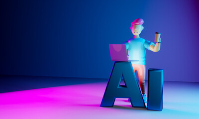3d render. A character with a laptop is studying a neural network. AI artificial intelligence.