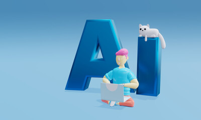 3d render. AI artificial intelligence. Character with laptop studying neural network