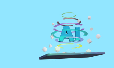 3d render. Ai sign and flying phone in space