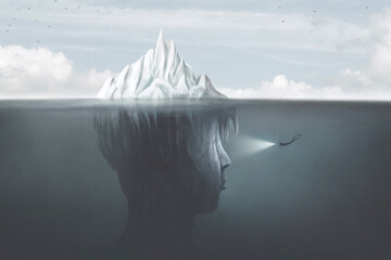 Illustration of surreal iceberg, abstract identity concept - obrazy, fototapety, plakaty