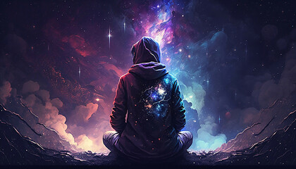 meditation young man spirit silhouette on galaxy space background, new quality colorful spiritual stock image illustration wallpaper design, Generative AI  