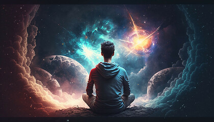 meditation young man spirit silhouette on galaxy space background, new quality colorful spiritual stock image illustration wallpaper design, Generative AI   - obrazy, fototapety, plakaty