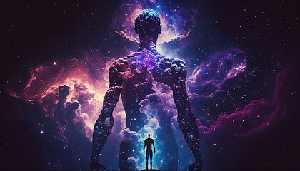 Obraz na płótnie Canvas universe meta human god spirit silhouette on galaxy space background, new quality colorful spiritual stock image illustration wallpaper design, Generative AI 