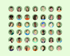 Vector isolated icon set of people of different ages and ethnicities.