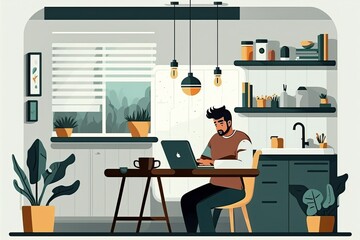 man working on laptop at home, ai generated