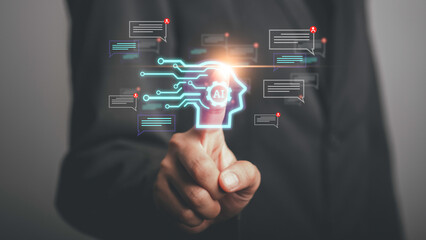 Chatbot Artificial Intelligence  conversation. Man using technology smart AI robot get support by enter command prompt for generates, Futuristic Digital transformation, Virtual assistant on internet.