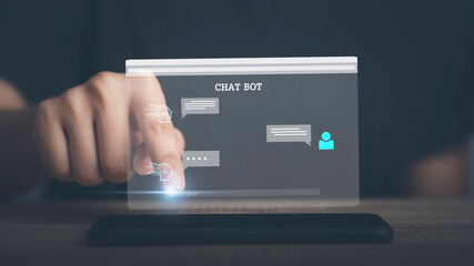 Chatbot Artificial Intelligence (AI) conversation. Person using online customer service with chat bot to get support by enter command prompt for generates. Futuristic digital transformation.