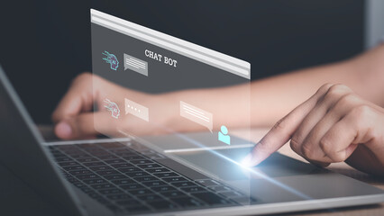 Chatbot Artificial Intelligence (AI) conversation. Person using online customer service with chat...
