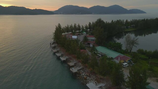 Drone View of the seafront in evening, Marina Island, Malaysia
