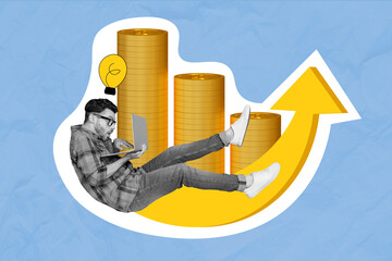 Photo collage picture poster artwork retro sketch image of intelligent man earn pile stack money...