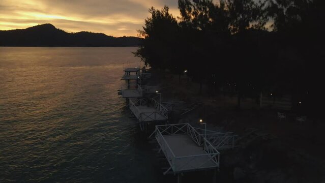 Marina island sunrise time, Malaysia. Aerial shot.