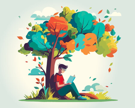 a young boy with glasses reading a book amongst nature, underneath a tree full of colorful leaves. He is surrounded by lush greenery and the vibrant colors of the leaves create a lively atmosphere. 