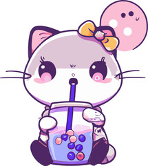 anime cat drink bubble tea - obrazy, fototapety, plakaty