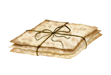 Matzah pile with rope bow watercolor illustration for jewish Passover fasting bread side view. Hand drawn Pesach symbol