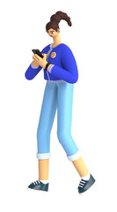 Business  woman holding smartphone and communicate with team. Female person using mobile app for messaging and chat. Girl texting email in  messenger. 3d render illustartion  on white background.