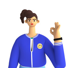 Young woman showing positive gesture. Female character making Ok or Okay gesture and agreeing. 3d render isolated illustration.