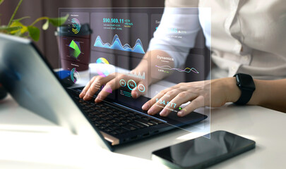 Advisor using KPI Dashboard on virtual screen.Business finance data analytics graph.Financial management technology.