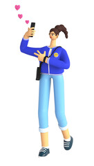 Young teenage girl taking selfie, communicate with audience, posting reels online. Social media, blogging, creating content concept. 3d render illustration on white background